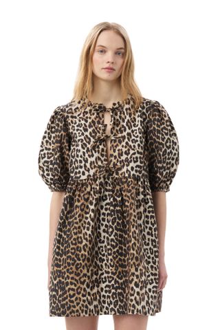 Ganni Leopard Printed Cotton Tie String Mini Dress