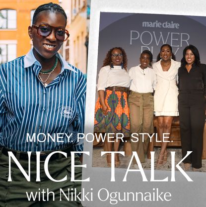nice talk podcast art featuring a photo of host nikki ogunnaike and a photo from the marie claire power play event
