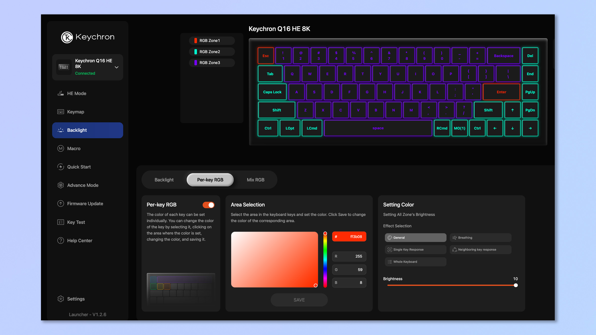 A screenshot showing the Keychron Q16 HE 8K being customized in the Keychron Launcher web app.