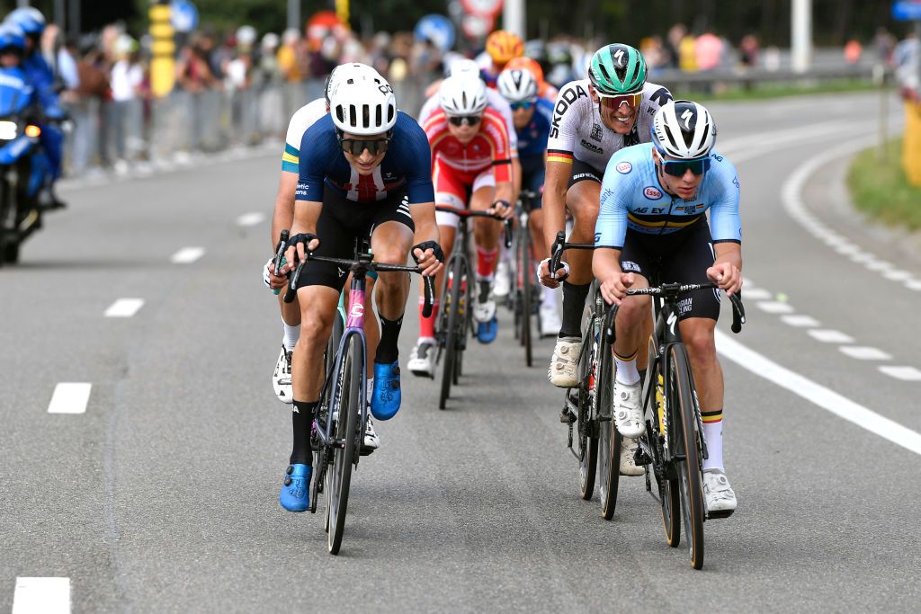 LEUVEN BELGIUM SEPTEMBER 26 LR Neilson Powless of The United States and Remco Evenepoel of Belgium compete in the Breakaway during the 94th UCI Road World Championships 2021 Men Elite Road Race a 2683km race from Antwerp to Leuven flanders2021 on September 26 2021 in Leuven Belgium Photo by Kristof Ramon PoolGetty Images