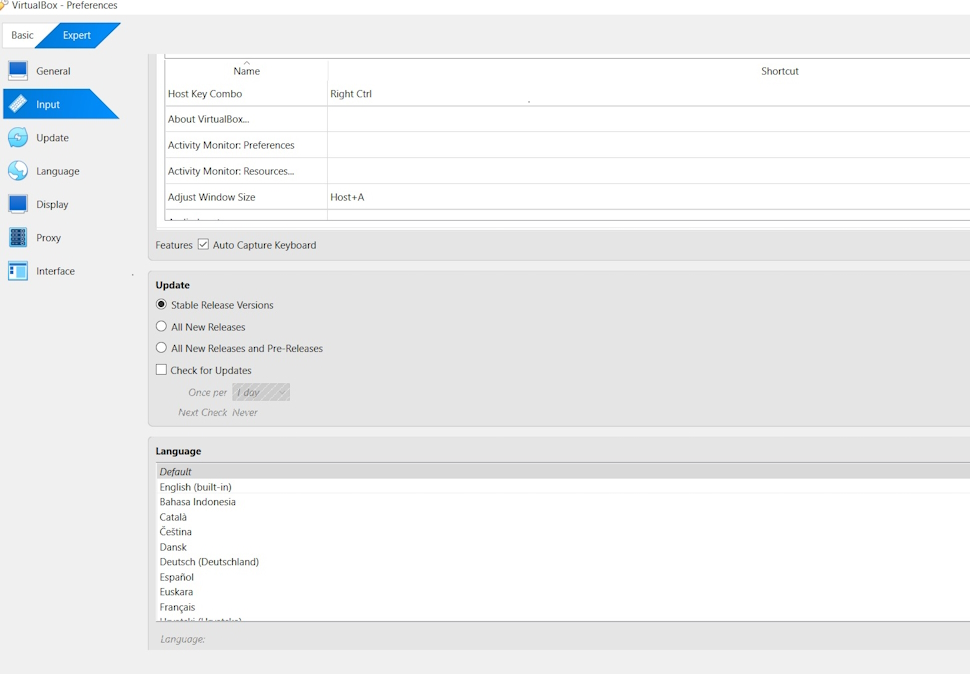 VirtualBox - Input screen