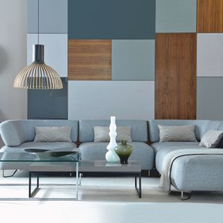 Blue and wood effect square and rectangular wall panels