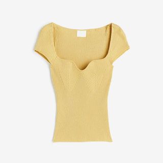 yellow H&M ribbed top with deep neckline and short sleeves