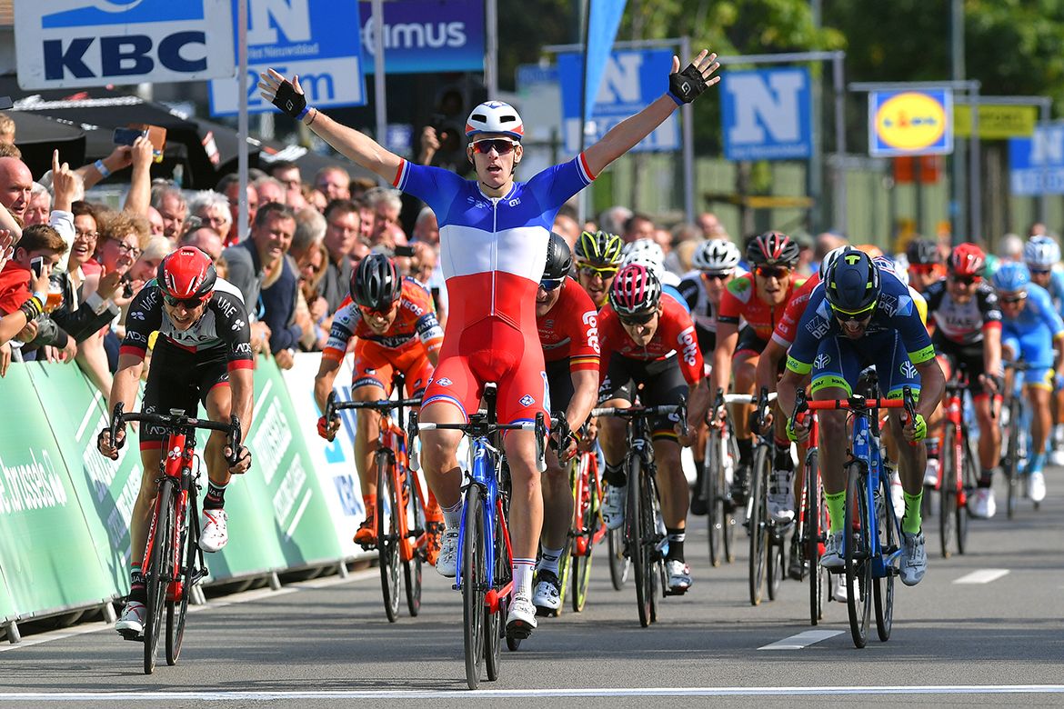 Arnaud D&eacute;mare celebrates his Brussels Cycling Classic win.