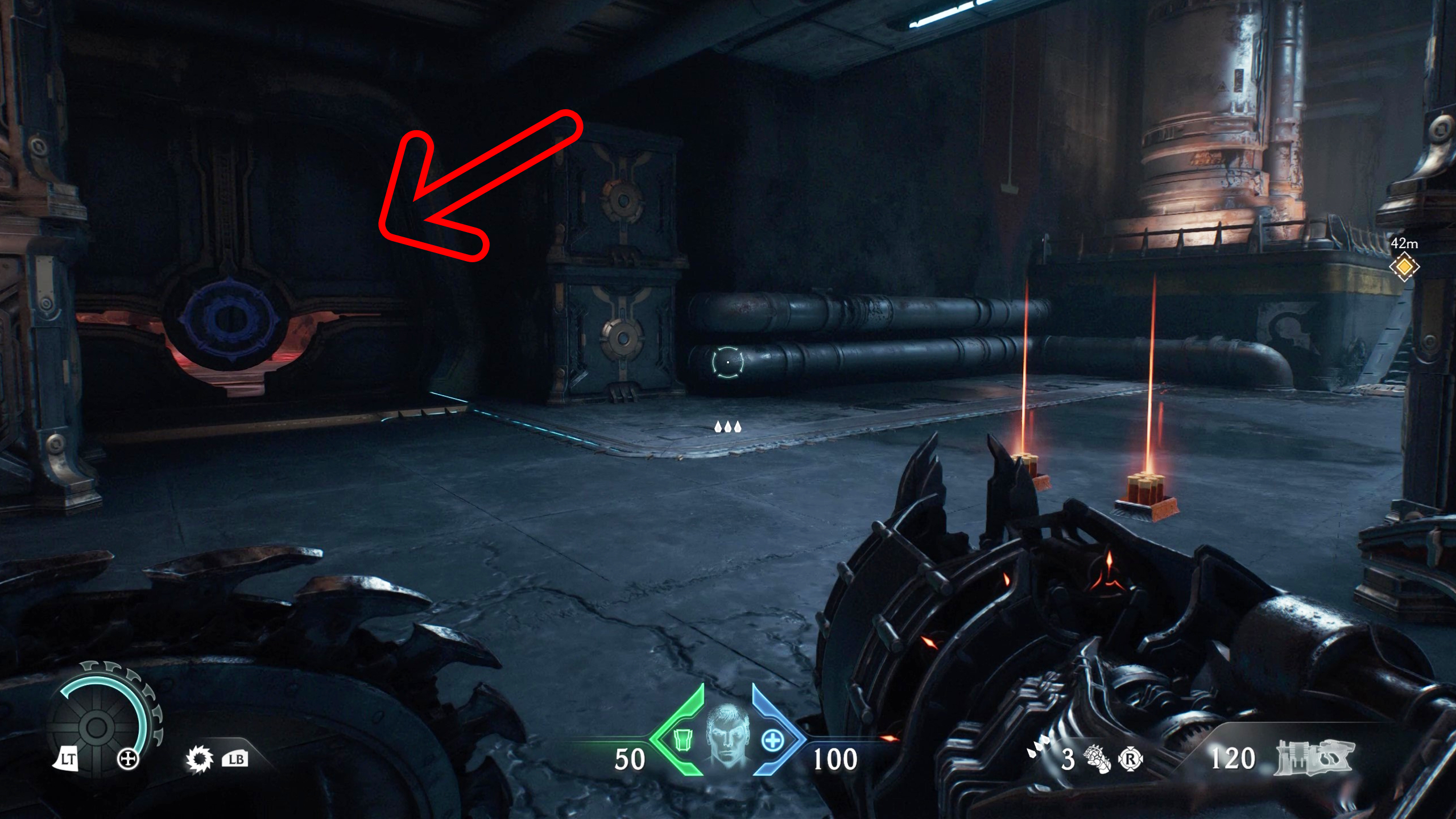 Doom: The Dark Ages Hebeth secrets - A broken door in the corner of a large room.