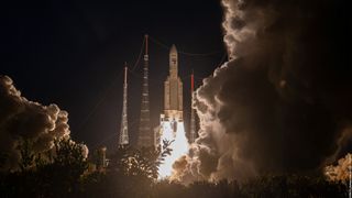 Europe's heavy-lift Ariane 5 rocket rises into the air from the European spaceport in Kourou, French Guiana, for the final time on July 5, 2023.