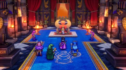 A screenshot from Dragon Quest 3 HD-2D Remake, showing the protagonist and party facing a figure on a throne.