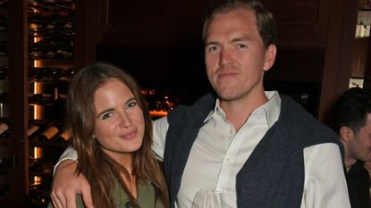 Binky Felstead and Max Fredrik Darnton attend the official launch party of Lucky Cat by Gordon Ramsay in Grosvenor Square, Mayfair on September 2, 2019 in London, England.