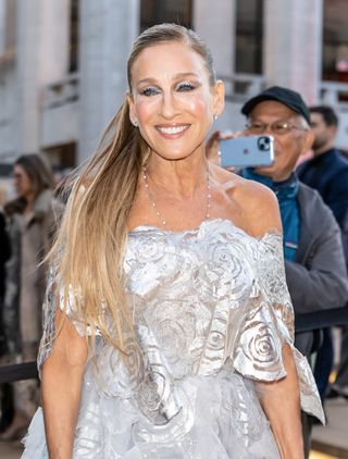 A closeup of Sarah Jessica Parker sporting frosty silver glitter eyeshadow