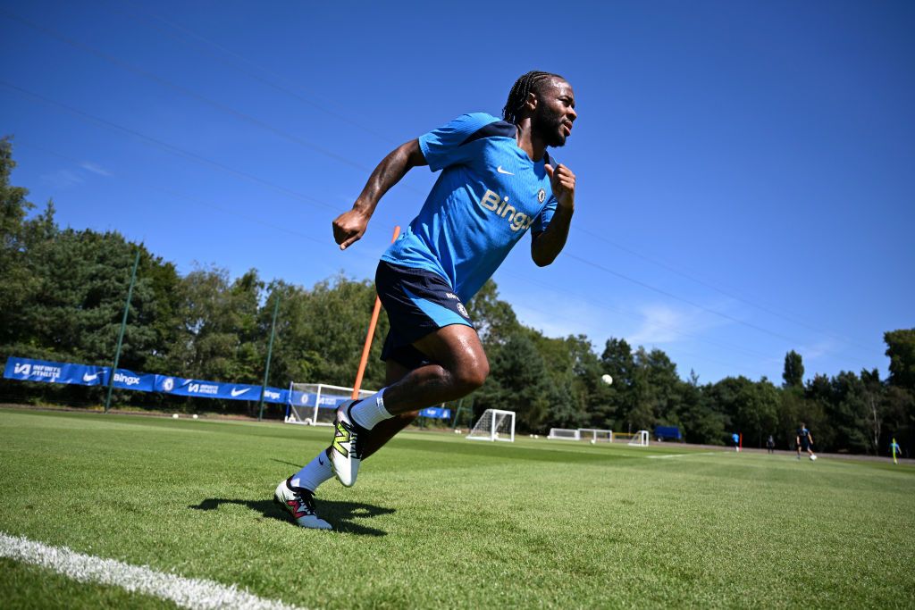 COBHAM, ENGLAND - AUGUST 13: Raheem Sterling of Chelsea during a session at Chelsea Training Ground on August 13, 2024 in Cobham, England. (Photo by Darren Walsh/Chelsea FC via Getty Images)