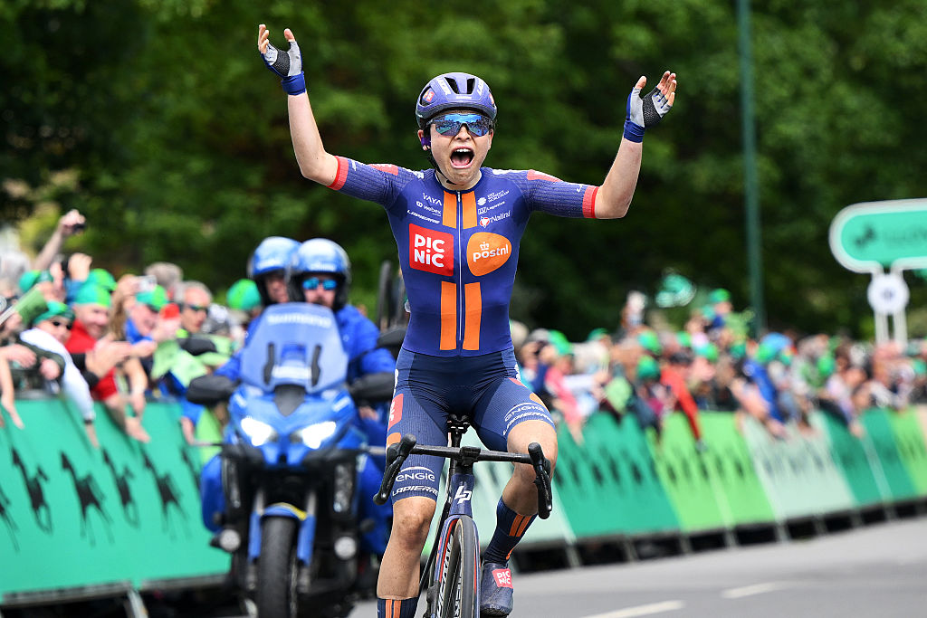 SALTBURN-BY-THE-SEA, ENGLAND - JUNE 06: Mara Roldan of Canada and Team Picnic PostNL celebrates at finish line as stage winner during the 10th Tour of Britain Women 2025, Stage 2 a 114.3km stage from Hartlepool to Saltburn-by-the-Sea / #UCIWWT / on June 06, 2025 in Saltburn-by-the-Sea, England. (Photo by Alex Broadway/Getty Images)