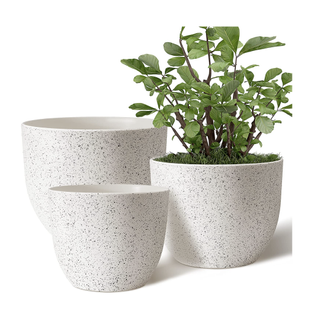 three speckled white plastic plant pots