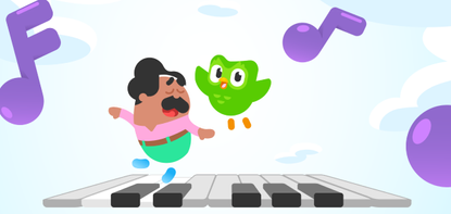 Duolingo Man and Duolingo Owl on piano