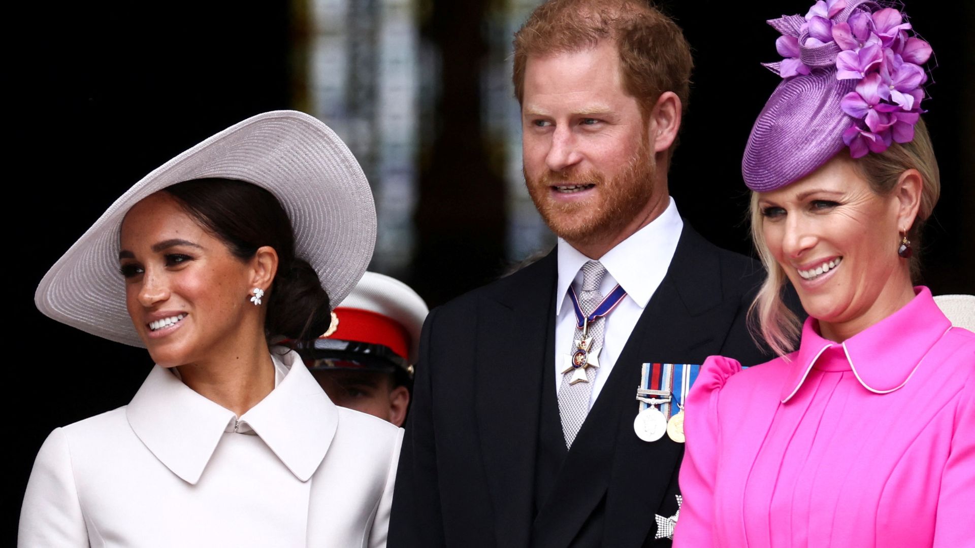 Meghan Markle, Prince Harry and Zara Tindall depart after the National Service of Thanksgiving to Celebrate the Platinum Jubilee of Her Majesty The Queen at St Paul's Cathedral on June 3, 2022