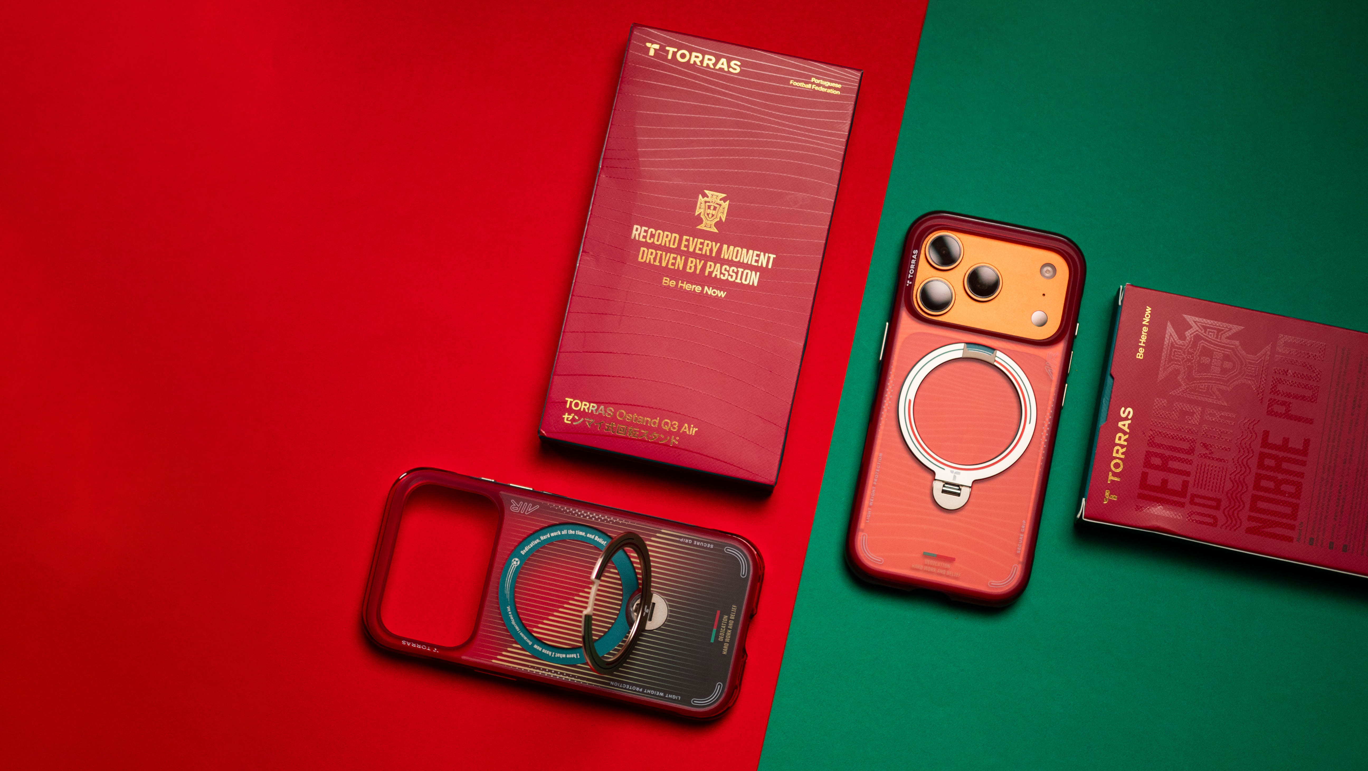 Torras Portugal football collab showing Ostand Q3 Air cases designed for the iPhone 17 Pro