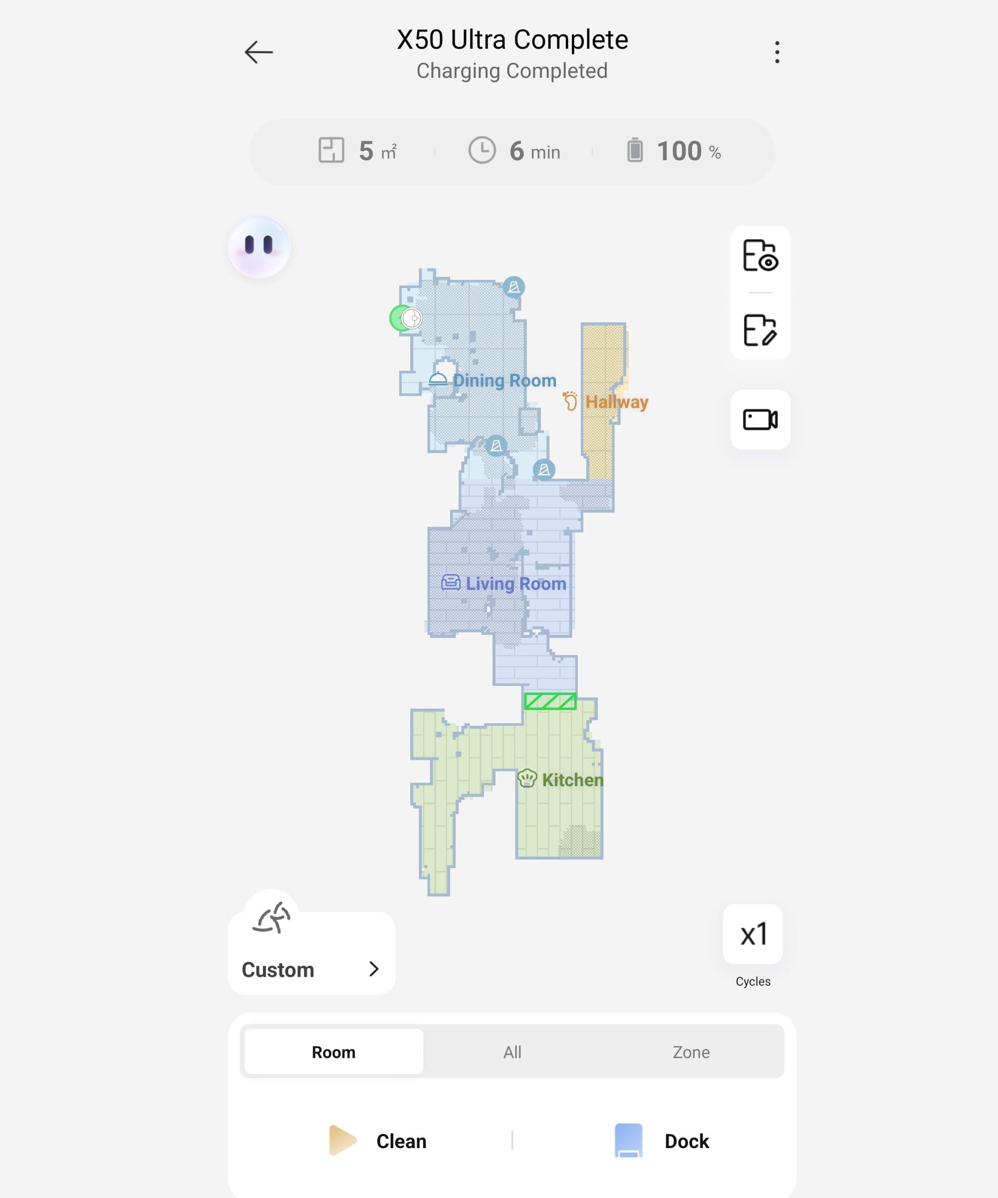 A gray robot vacuum map with coloured rooms and a panel at the bottom