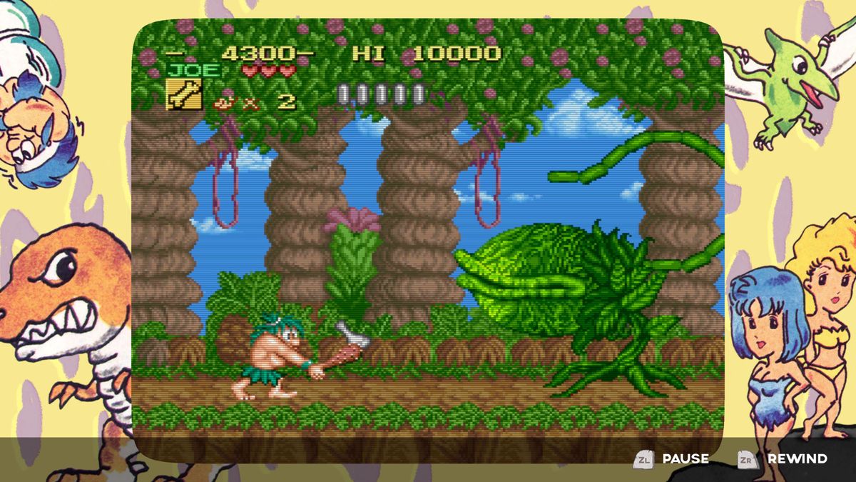 Retro game screens of cavemen fighting dinosaurs