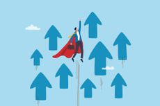 Businessman superhero flying up with rising arrow.