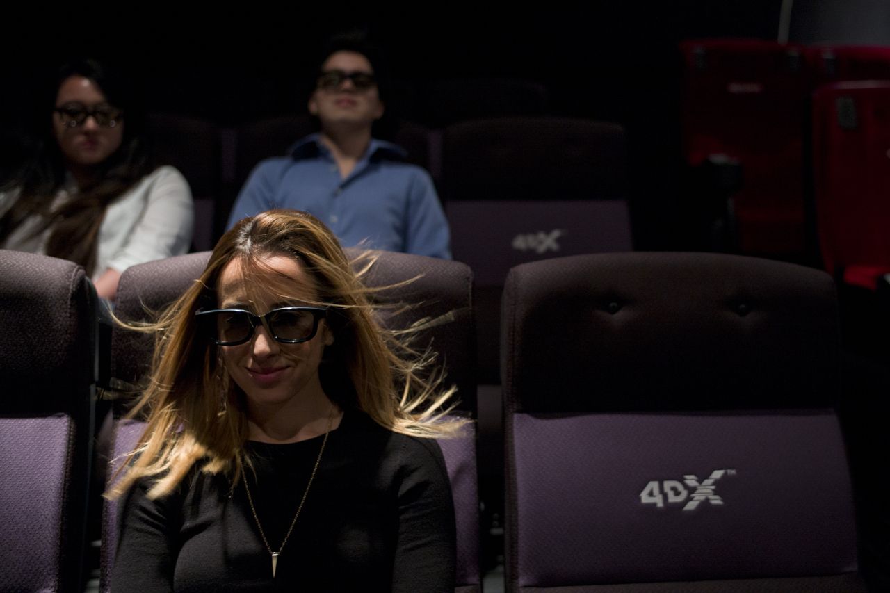 A customer watched a 4DX movie, with the wind blowing in her face.