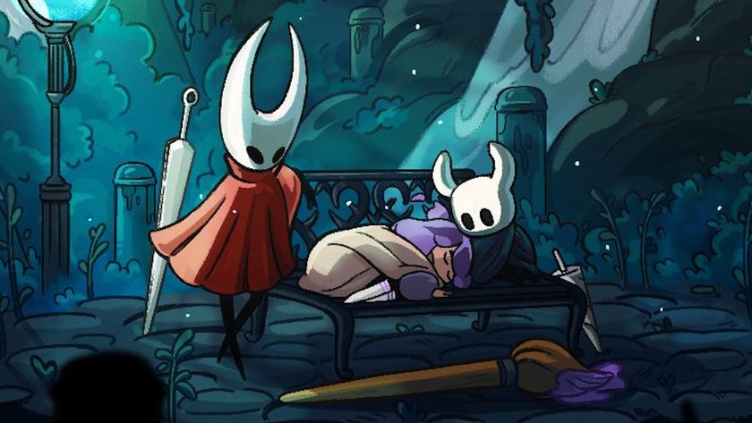Constance art of Hollow Knight protagonists watching purple girl sleep