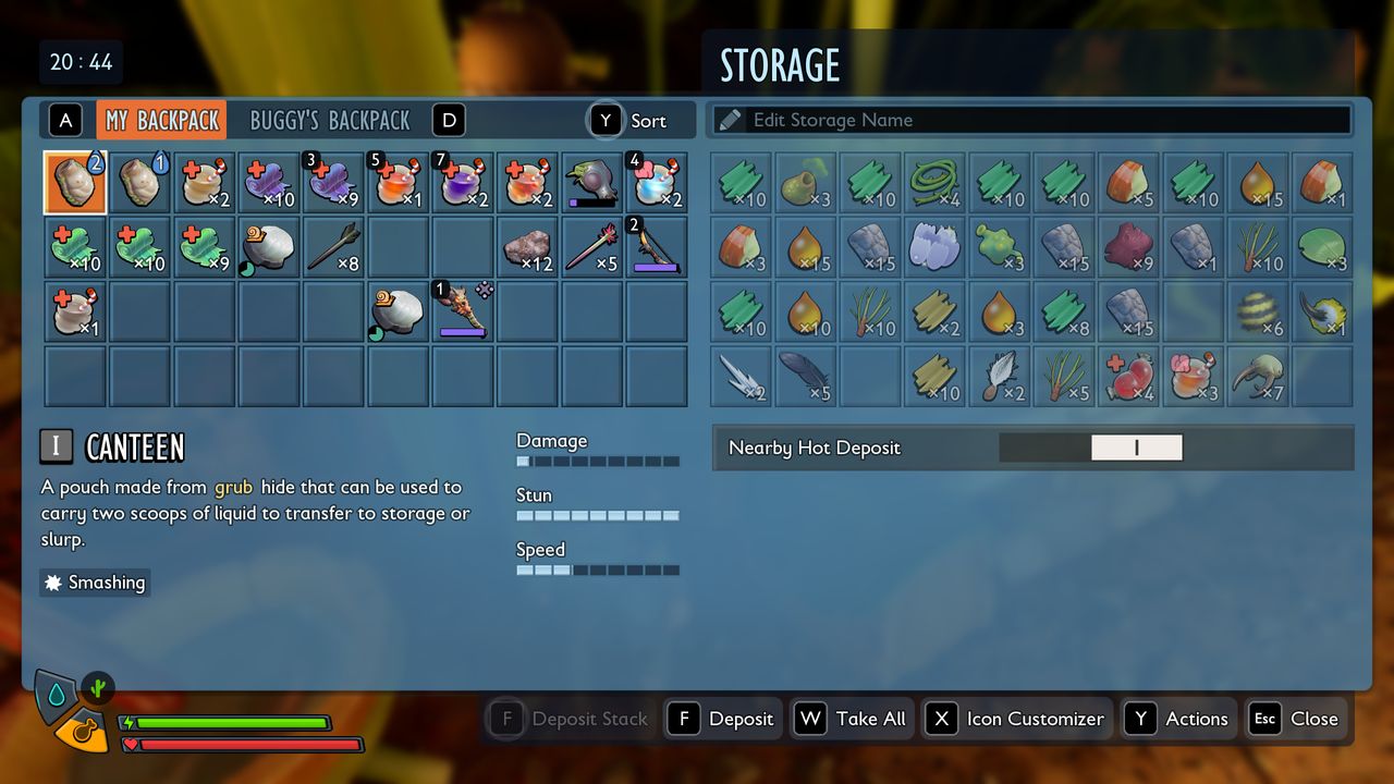 Grounded 2 tips: The inventory of the character's backpack on the left and a storage container on the right, both full of items.