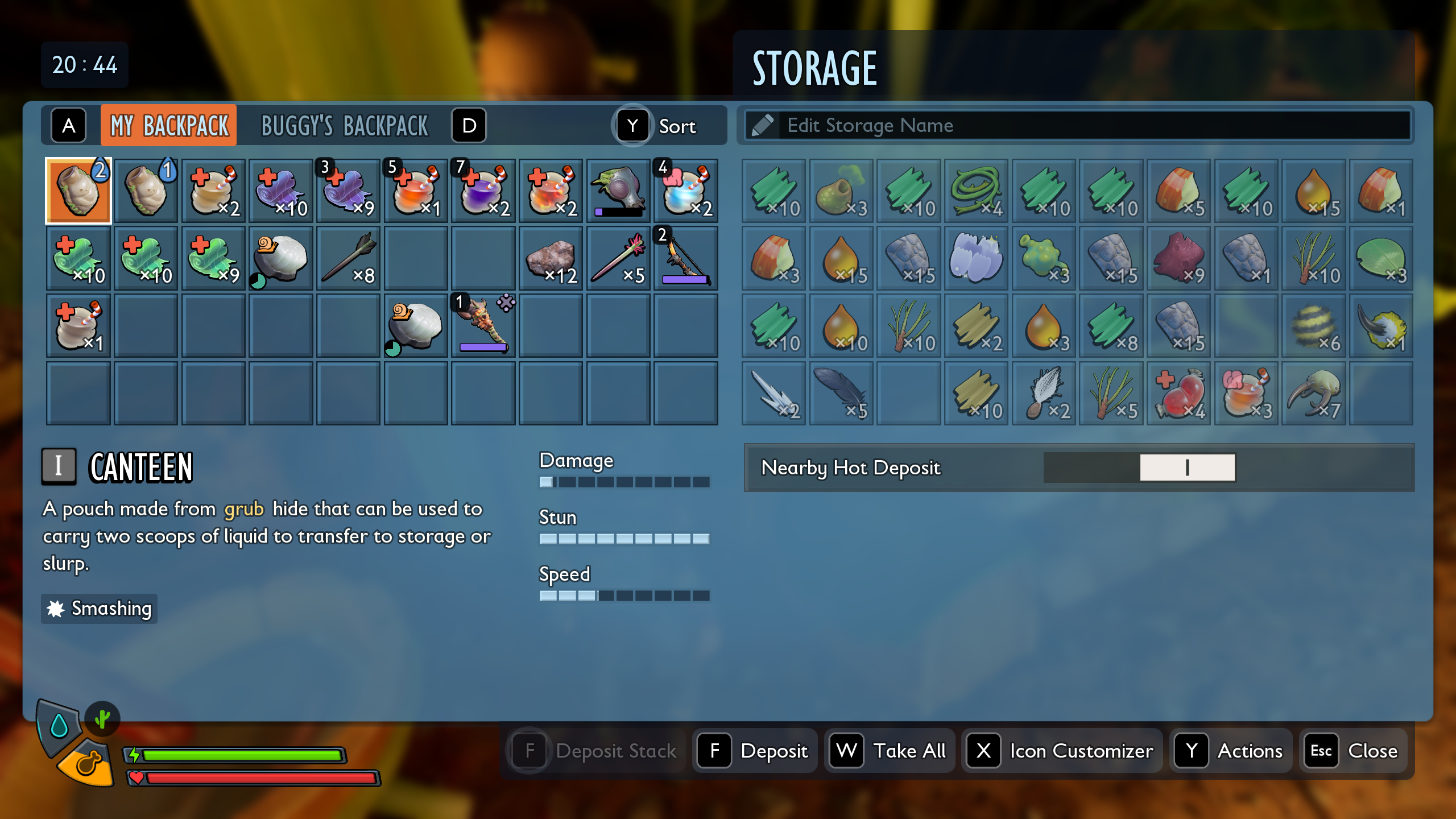 Grounded 2 tips: The inventory of the character's backpack on the left and a storage container on the right, both full of items.