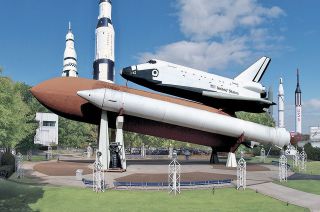 The Pathfinder space shuttle orbiter simulator, modified from its original NASA build and mounted atop an external tank and solid rocket boosters at the U.S. Space & Rocket Center in Huntsville, Alabama, will benefit from a Save America's Treasures $500,000 federal conservation grant.