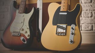 A Fender Fender Vintera II '50s Nocaster leaning against a guitar amp with another guitar in the background