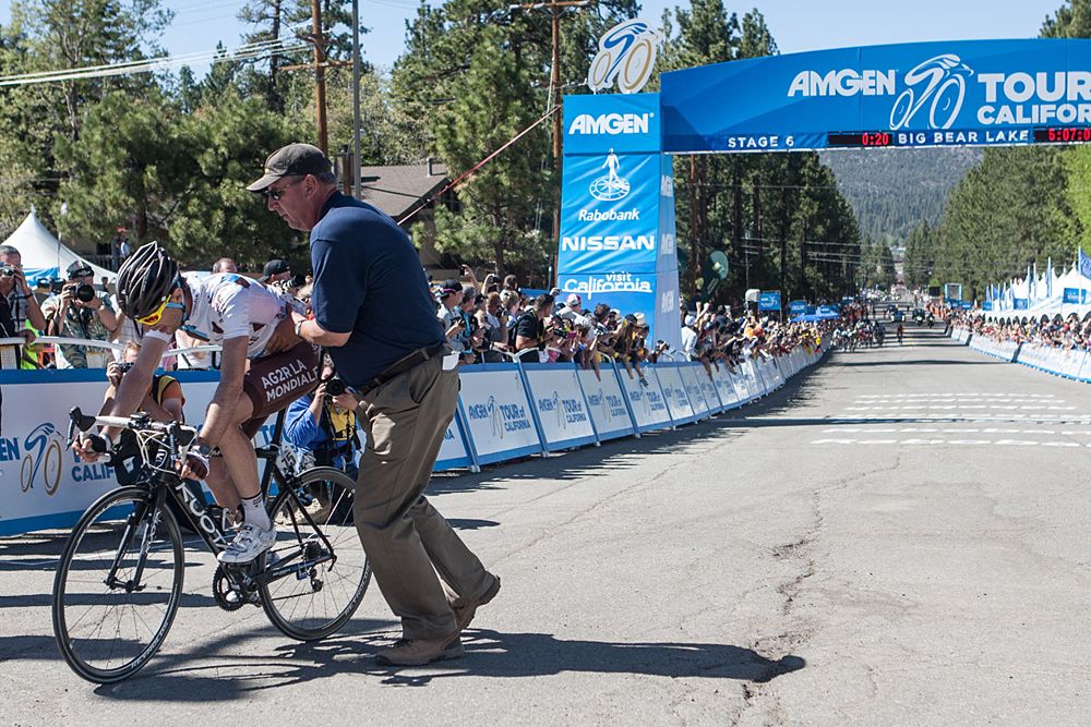 Sylvain Georges (AG2R La Mondiale) has to be helped after crossing the line after his solo win in Big Bear.