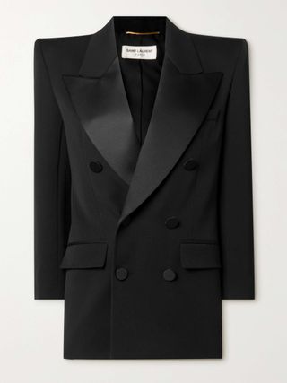 Double-Breasted Satin-Trimmed Grain De Poudre Wool Blazer