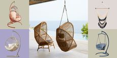 Image of a gray and rattan basket garden swing chair with four product boxes of other garden swing chair options around it.