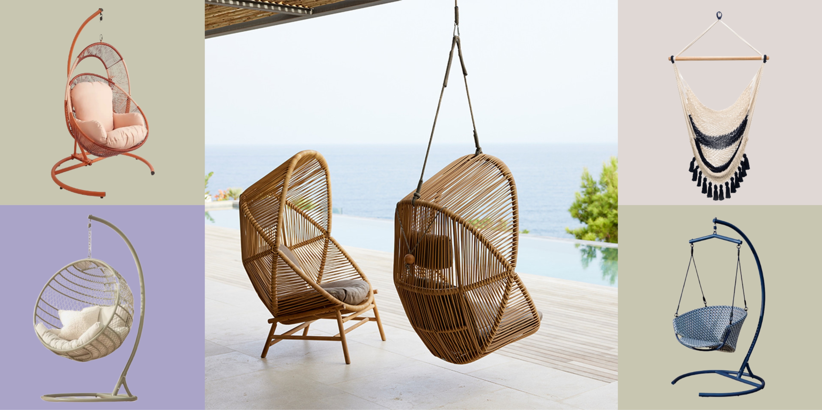 Image of a gray and rattan basket garden swing chair with four product boxes of other garden swing chair options around it.