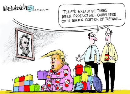 Political Cartoon U.S. Trump wall Executive play time