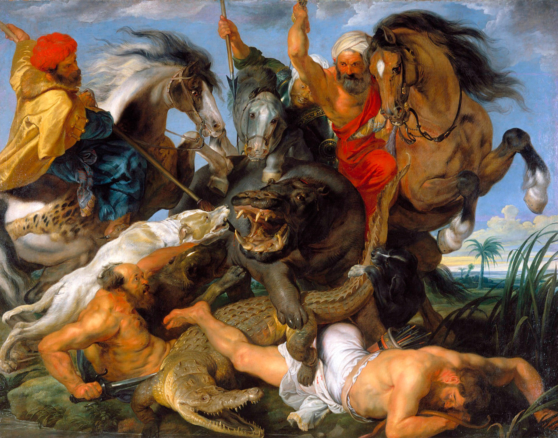 The Hippopotamus and Crocodile Hunt, 1616, oil on canvas, 97¾in by 126½in, by Peter Paul Rubens (1577–1640), Alte Pinakothek, Munich, Germany.