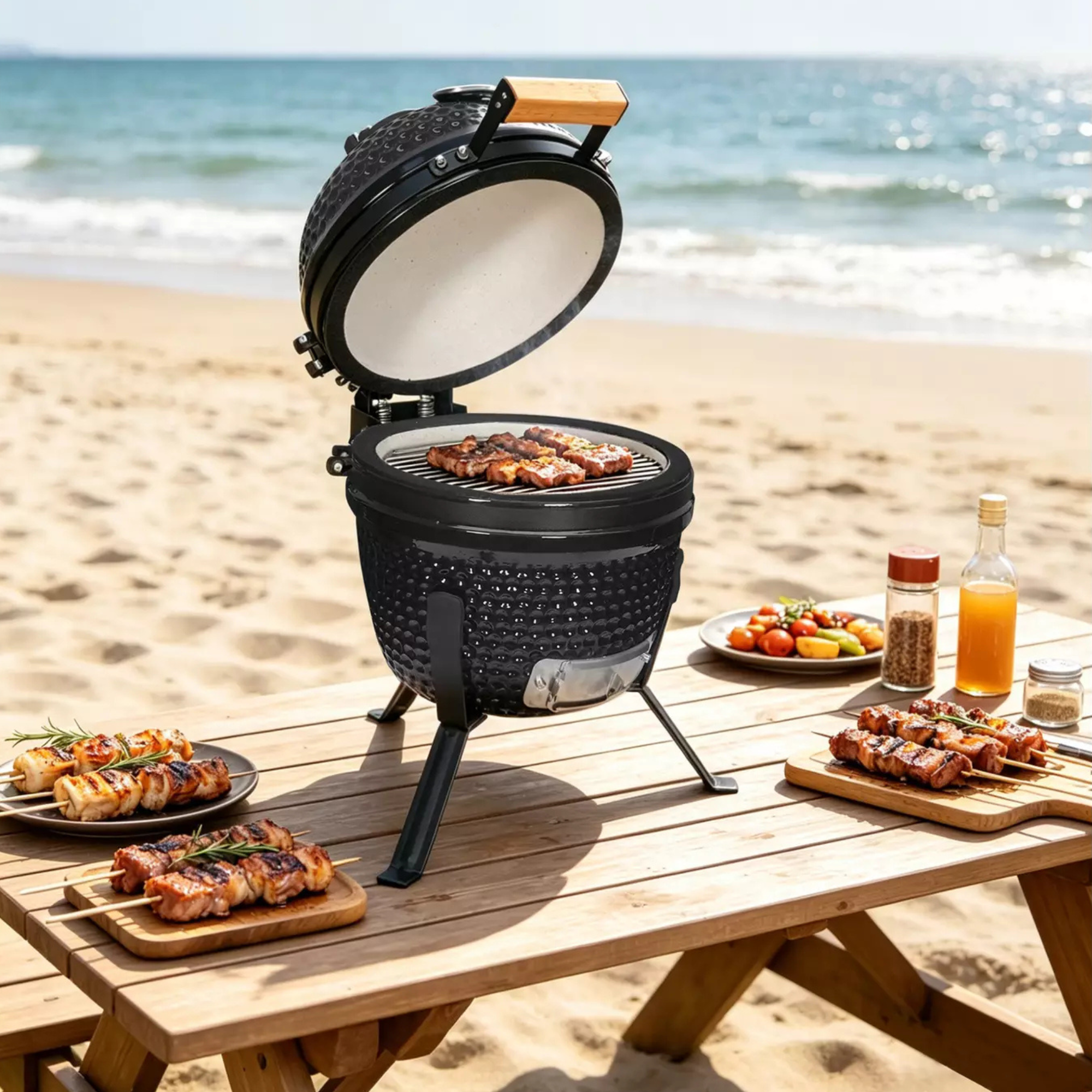 Habitat tabletop Kamado Egg BBQ on a bench on the beach.