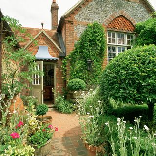exterior of front garden with green plant and brick path