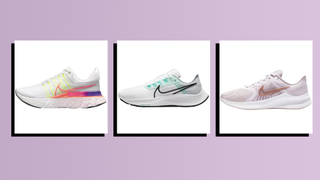 three of the best Nike running shoes on purple background