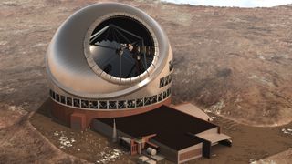 TMT Thirty Meter Telescope. A large hole/window in the dome reveals a large telescope housed inside.
