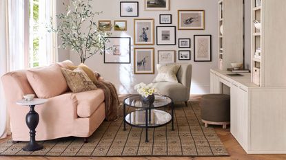 Neutral living room with pink sofa and round glass coffee table on large clean jute rug, with beige cabinetry and gallery wall in the background