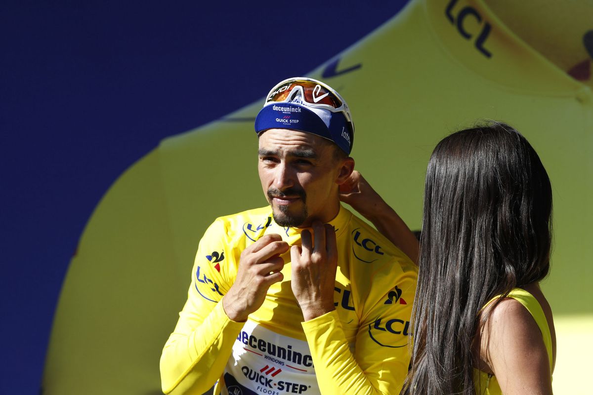 Julian Alaphilippe (Deceuninck-QuickStep) in yellow at the Tour de France on Bastille Day
