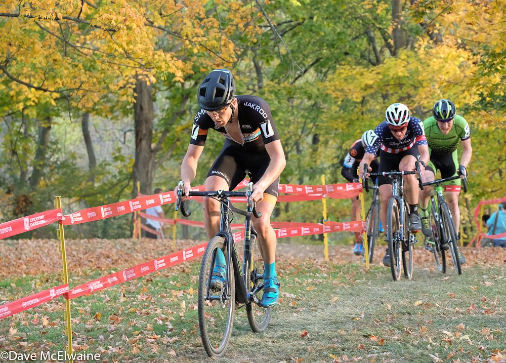 Danny Summerhill (Maxxis Shimano) racing with a small gap over Powers, Hyde, and Werner