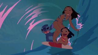 Stitch, Nani and Lilo during Hawaiian Rollercoaster Ride scene