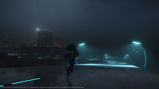 Death Stranding 2 PS5 screenshot showing Sam Porter Bridges delivering packages through the night to a mysterious base