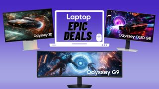 Samsung Odyssey G9 G91F, Odyssey 3D G90XF, and Odyssey G8 G81SF 4K gaming monitor against a blue gradient background.