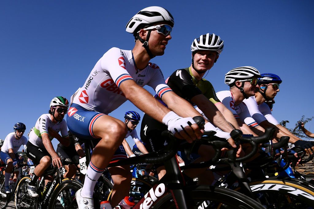 EXETER ENGLAND SEPTEMBER 06 LR Ethan Vernon of United Kingdom and Team Great Britain and Thomas Gloag of United Kingdom and Team Trinity Racing compete during the 17th Tour of Britain 2021 Stage 2 a 1839km stage from Sherford to Exeter TourofBritain TourofBritain on September 06 2021 in Exeter England Photo by Harry TrumpGetty Images