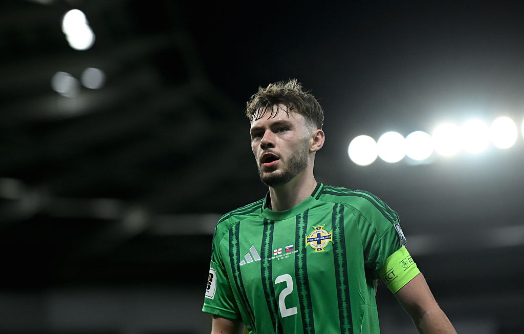 Antrim , United Kingdom - 10 October 2025; Conor Bradley of Northern Ireland during the FIFA World Cup 2026 qualifier match between Northern Ireland and Slovakia at Clearer Twist National Football Stadium at Windsor Park in Belfast. (Photo By Ramsey Cardy/Sportsfile via Getty Images)