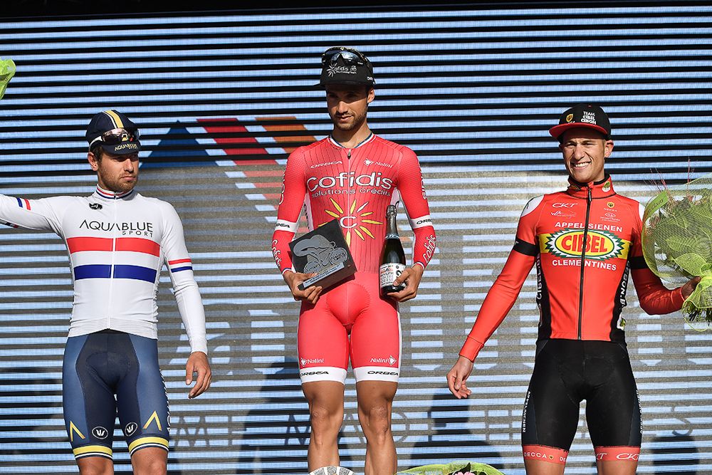 Adam Blythe, Nacer Bouhanni and Joeri Stallaert on the 2017 Nokere Koerse podium