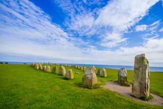 Ales stones, imposing megalithic monument in Skane, Sweden.