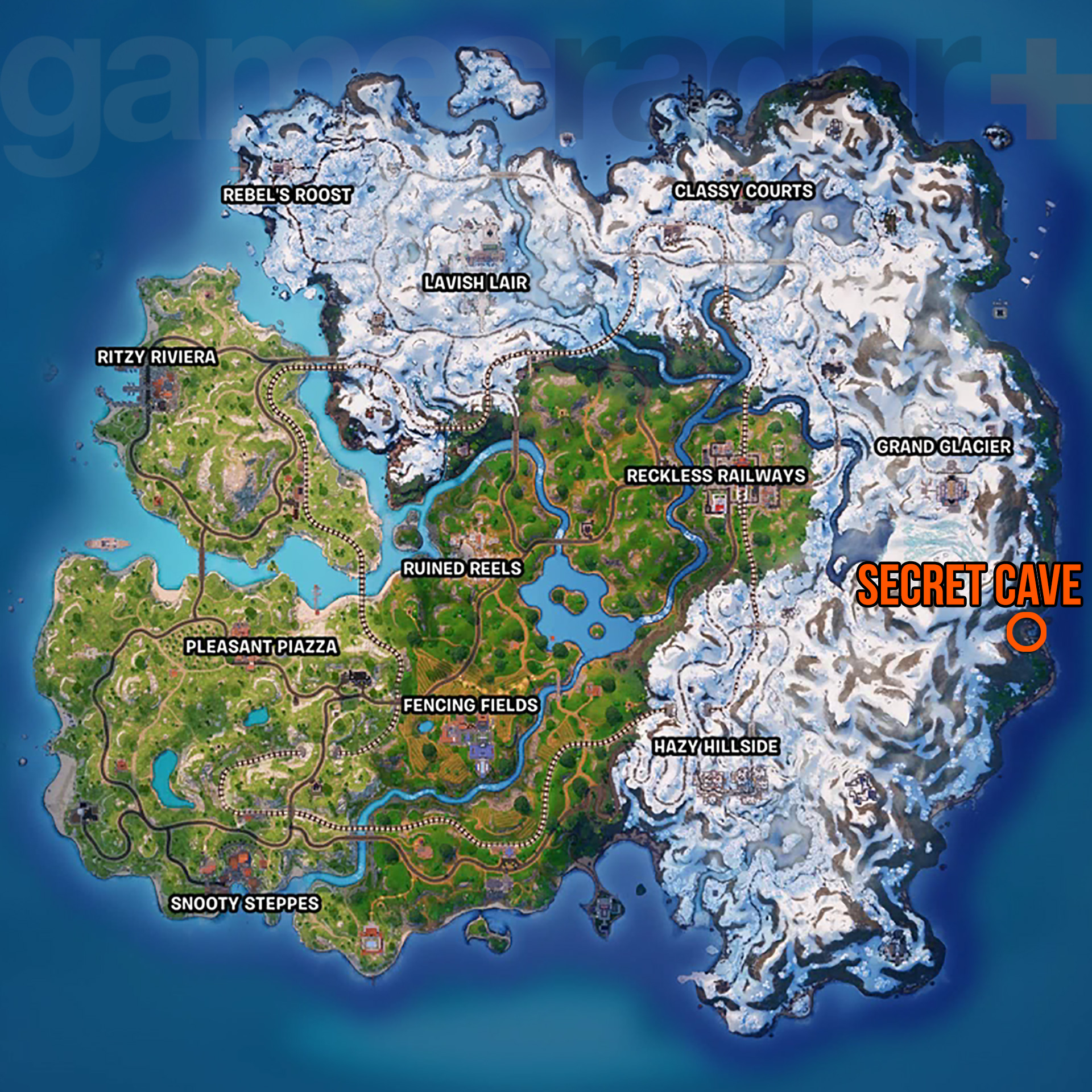 Emplacement de la grotte secrète de Fortnite indiqué sur la carte