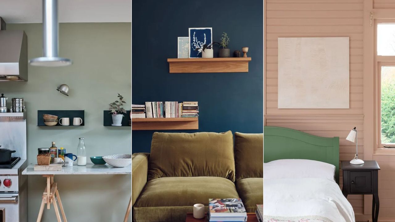 sage green kitchen, dark blue living room. pink bedroom